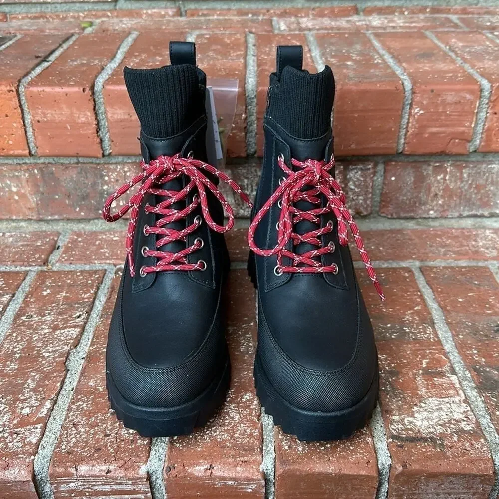 Nurture Whitney Water Resistant Leather Platform Boots Black Lug Sole Combat 7.5 - Picture 2 of 8